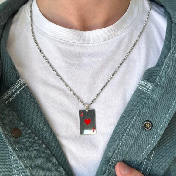 Y2K Silver Red Ace of Hearts Necklace Gothic Punk Pendant Unisex Statement New - Picture 7 of 7